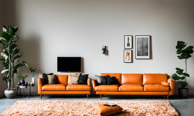 3D-Render-Bild-Foto-Luxus-Wohnzimmer haben orangefarbenes Ledersofa und Posterrahmen-Mock-up