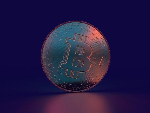 3D render bitcoin dourado em um fundo azul marinho no estilo da luz de neon de onda retrô