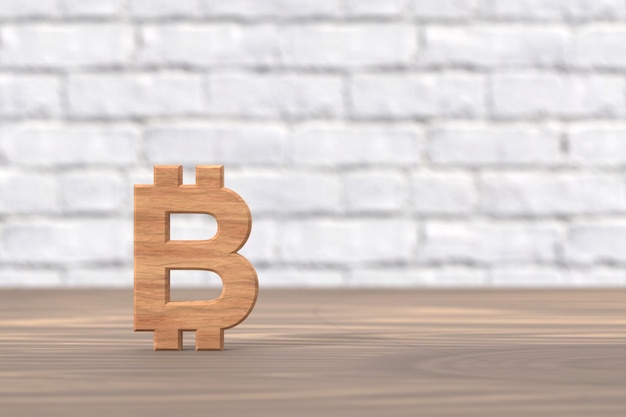 3d render bitcoin letrero de madera sobre mesa de madera y fondo de ladrillos blancos