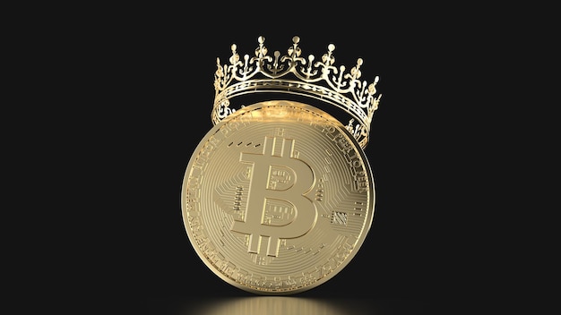 3D-Render-Bitcoin-Münze in Goldkrone auf schwarzem Hintergrund in der Mitte Kryptowährungsinvestition