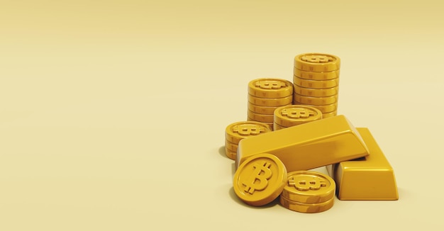 Foto 3d-render-bitcoin-münze und goldbarren mit goldenem hintergrund