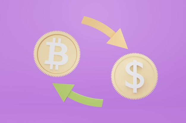 3D render bitcoin swap para dinheiro, dinheiro. Acordo de cena entre duas moedas para troca de pagamentos.