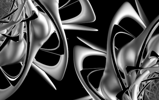 3d render blanco y negro monocromo de fondo de arte abstracto 3d con partes surrealistas de flor extraterrestre