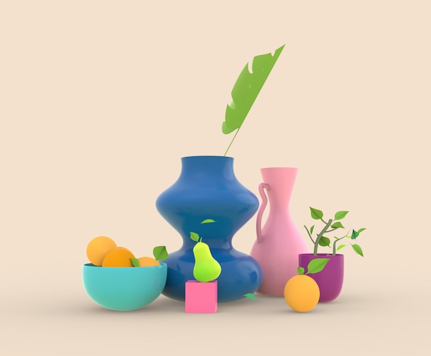 3d render bodegón Vses con laves y frutas y plantas pot illusration
