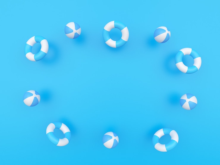 Foto 3d render bóias salva-vidas brancas e azuis isoladas em um fundo azul claro com espaço de cópia