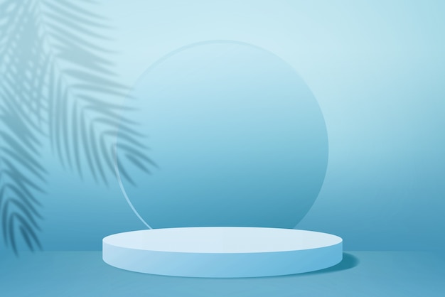 3D render branco pódio com sombra de folha de palmeira em fundo azul claro
