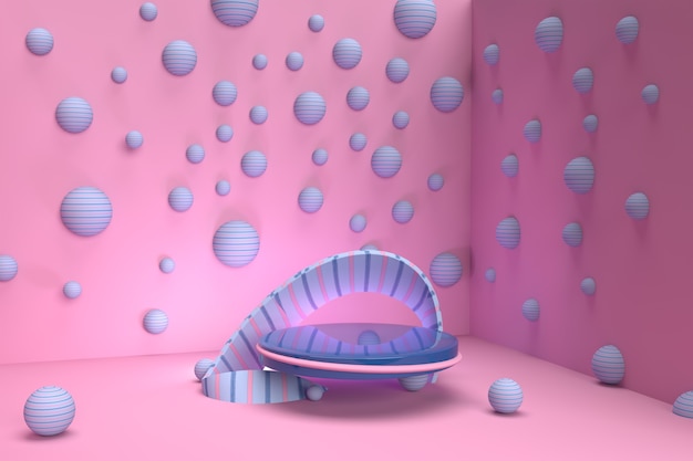 3d render de burbujas de color rosa y azul con pedestal