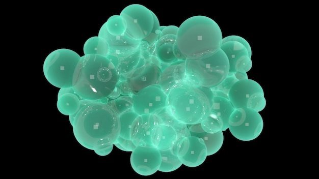 3d render burbujas verdes sobre fondo negro