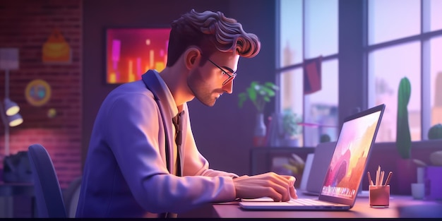 3D Render Businessman trabaja con una computadora portátil en Office Manager para resolver problemas de IA generativa