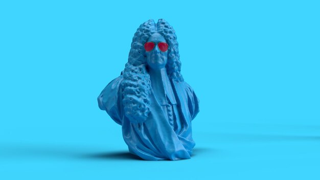 3D render busto antigo com cabelo azul longo encaracolado em óculos estilo pop art