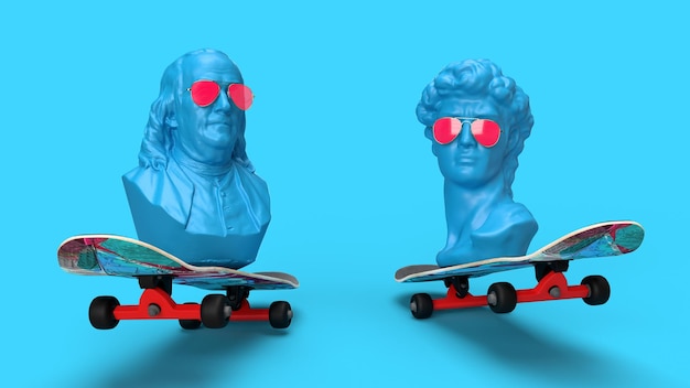 3d render busto de george washington y david patinando fondo de arte pop