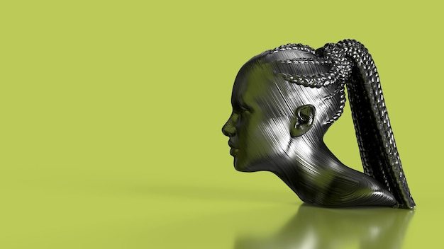 3D Render cabeza de hierro de una mujer con rastas brillantes sobre un fondo verde