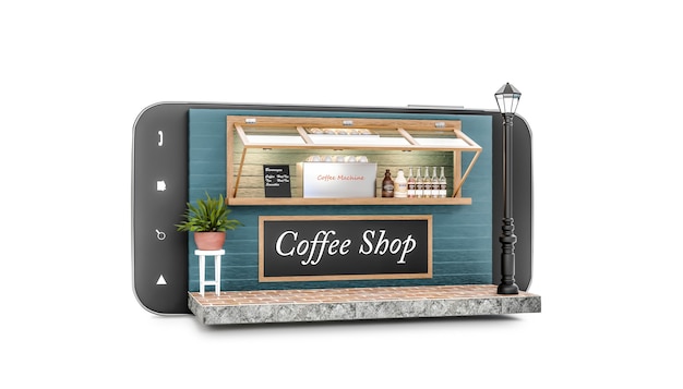 Foto 3d render café isolado em smartphone em fundo branco loja no conceito móvel