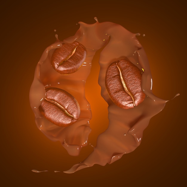 3D render café respingo do feijão de café em brown