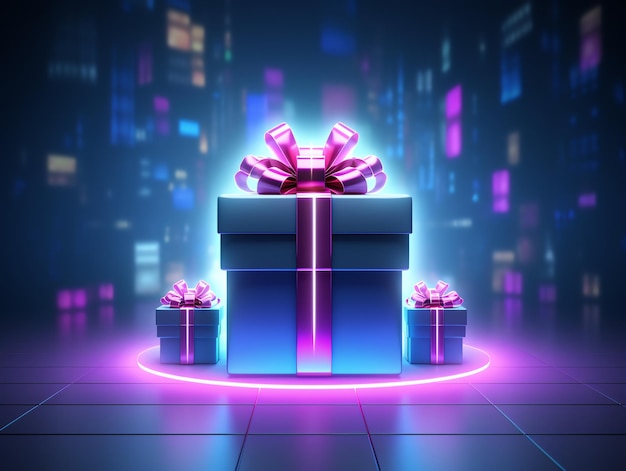 3d render caja de regalo neón navidad