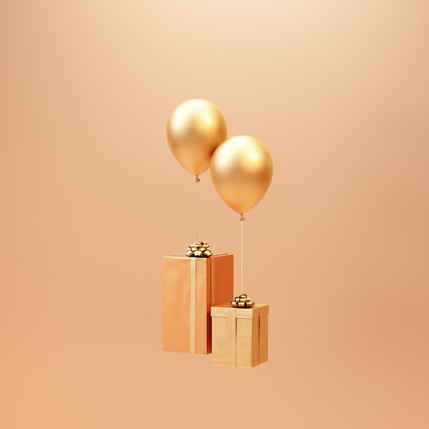 Foto 3d render caja de regalo de oro con fondo mínimo de globo