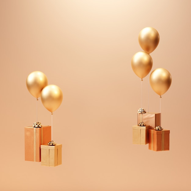 3D render caja de regalo de oro con fondo mínimo de globo