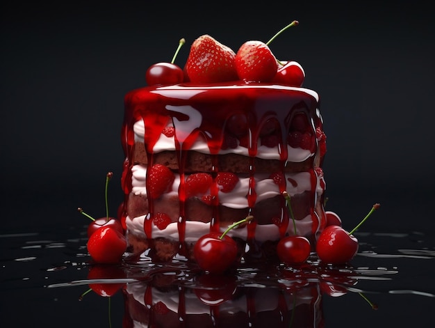 3d render cake liquid glass con cerezas y fresas AI generado