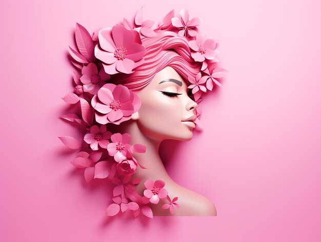 3D render cara de mujer con flores sobre fondo rosa aislado