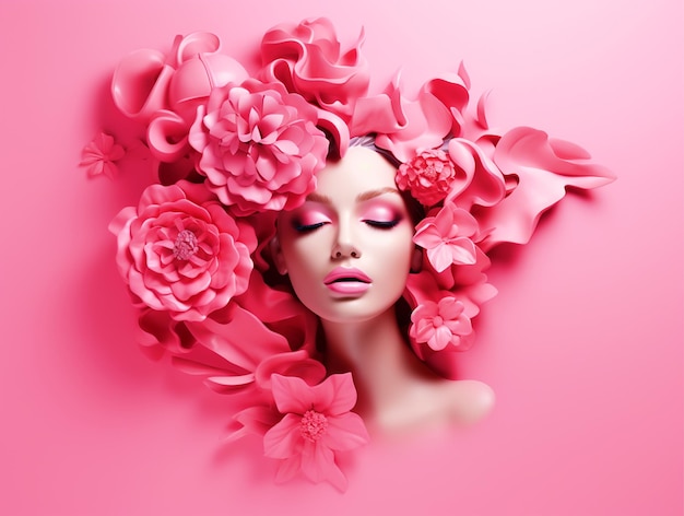 3D render cara de mujer con flores sobre fondo rosa aislado