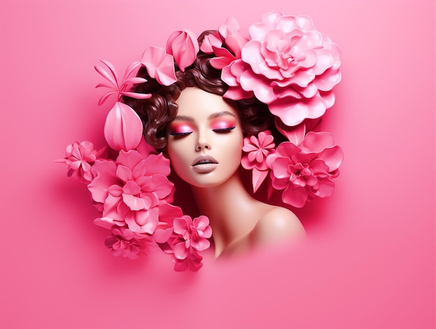 3D render cara de mujer con flores sobre fondo rosa aislado
