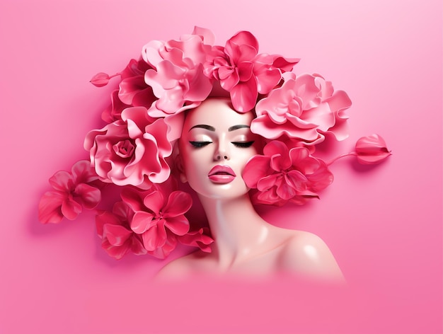 3D render cara de mujer con flores sobre fondo rosa aislado