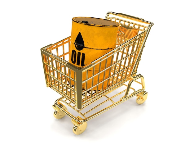3d render carretilla dorada con un barril de aceite amarillo venta compra de aceite