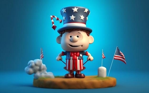 3d render cartoon comemorando o dia da independência da América 4 de julho chapéu de bandeira dos EUA e fogos de artifício