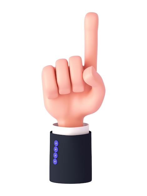 3D render cartoon mão com uma manga mostra um dedo indicador ou apontando para cima. Gesto de contagem de dedo