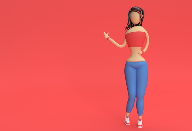 3D Render Cartoon Mulher Mão com polegares Gesto, Pedindo Elevador.