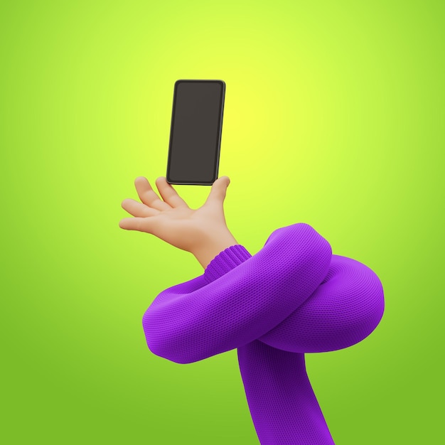 3D-Render-Cartoonfigur mit geknüpfter Hand in lila Pullover hält ein Smartphone mit leerem Bildschirm