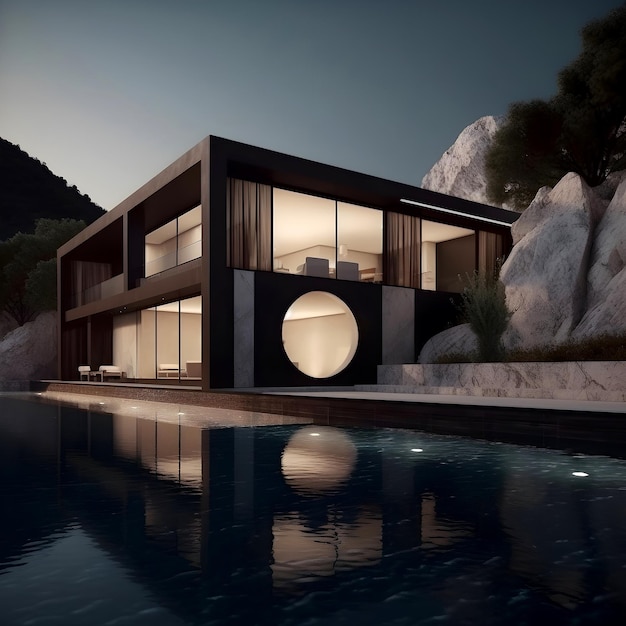 3d render casa de vila de luxo à noite Abstracto de arquitetura curva futuro design de fachada moderna