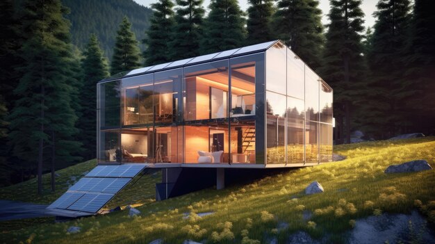 3D Render Casa de panel solar transparente con almacenamiento de energía IA generativa