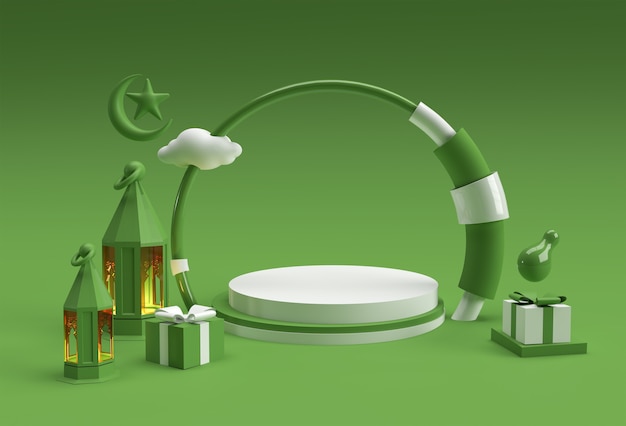 3D Render celebración de Eid Mubarak con escena de escena de podio mínimo para diseño de publicidad de productos de exhibición.