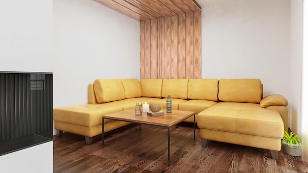 3D render cena interior de sala de estar de espaço aberto