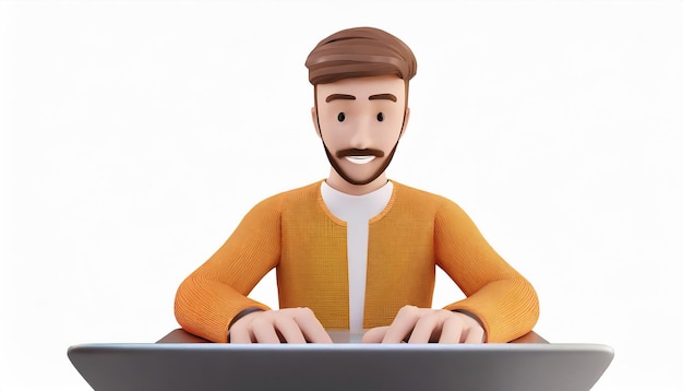 3D-Render-Charakter eines Mannes, der Hände auf einem Laptop tastaturt, isoliert auf weißem Hintergrund p