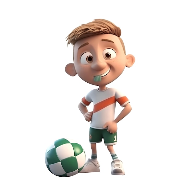 3D Render de un chico lindo con un balón de fútbol aislado sobre fondo blanco.