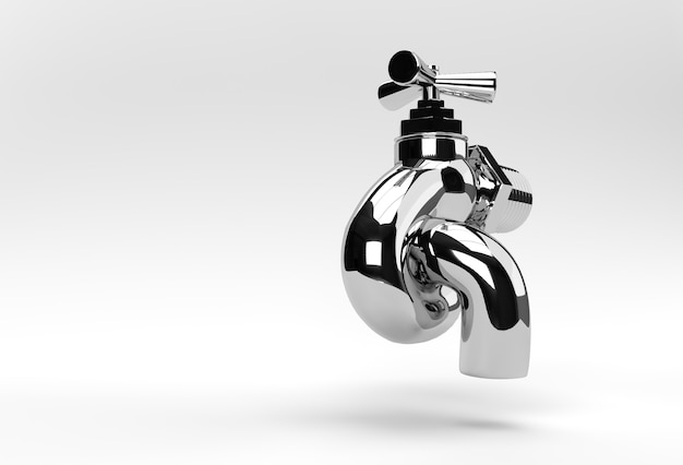 Foto 3d render chrome tap con un chorro de agua aislado en blanco ilustración 3d.