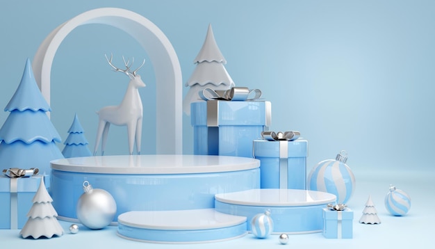 3D render cilindro podio en Navidad Santa Claus y árbol de Navidad cajas de regalo cinta producto perfume promoción venta presentación cosmética en color de fondo