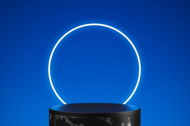 3D render círculo azul neon com pedestal preto sobre fundo azul