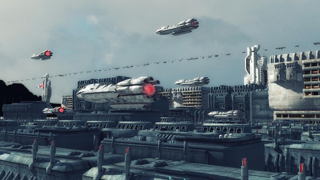 3d render ciudad futurista y nave espacial