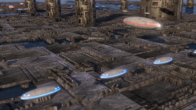 3D Render ciudad futurista y naves espaciales