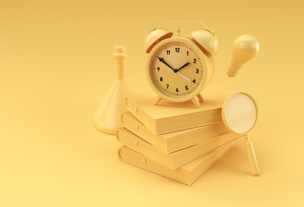 3D Render Clock com livros em ilustração de estilo minimalista.