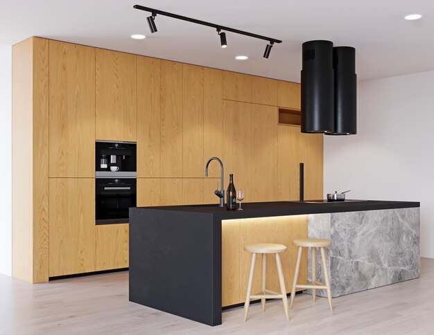 3d render cocina moderna con gabinete de madera e interior de diseño de mesa