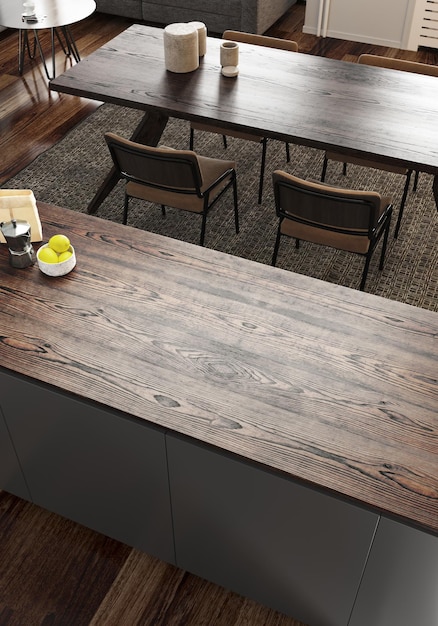3D Render de cocina moderna con piso de madera y muebles grises Encimera de madera con espacio vacío