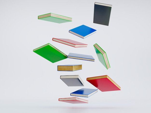 3D Render de coloridos libros de tapa dura volando sobre fondo blanco Pila de libros en cubiertas de color