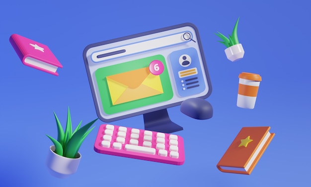 3D render computador flutuante com mensagem