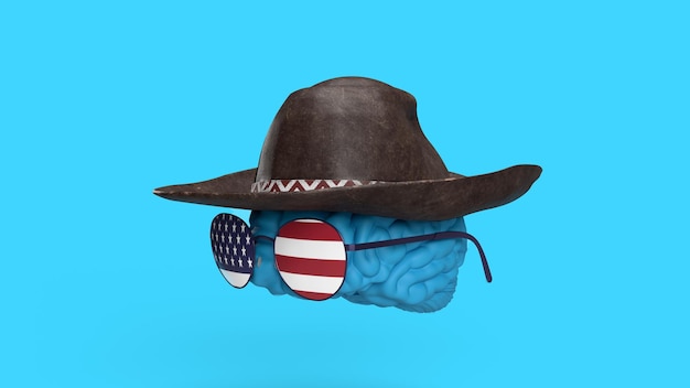 3D Render concepto de pensamiento americano o vista mental pensando que el cerebro está vestido con un sombrero de vaquero y gafas americanas
