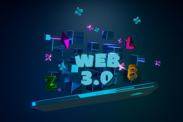 3d render concepto WEB 30 Los cubos Blockchain y los signos criptográficos salen volando del teléfono