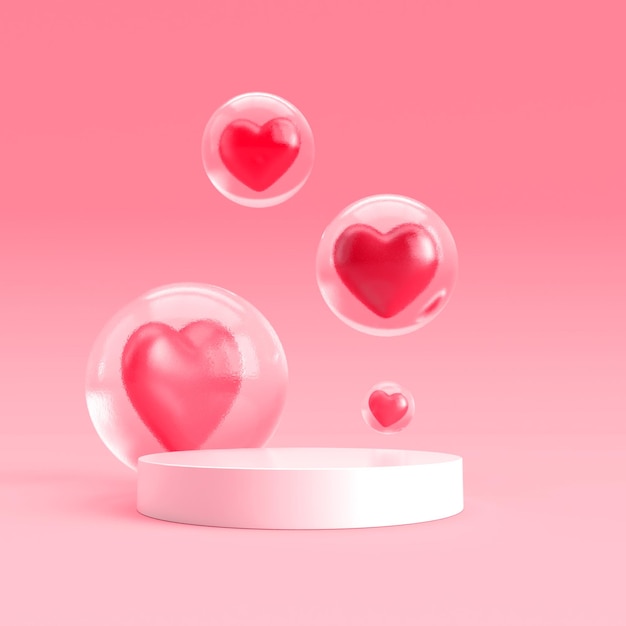 3D Render Ícone de Coração Cor Rosa Podium Valentine